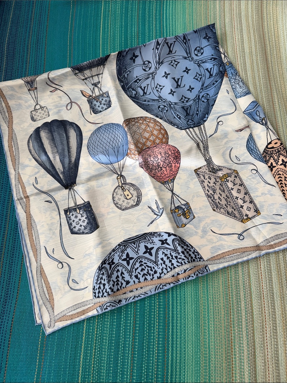 Louis Vuitton Up And Away Silk Scarf with Blue, Pink, Tan Hot Air Balloon Motif